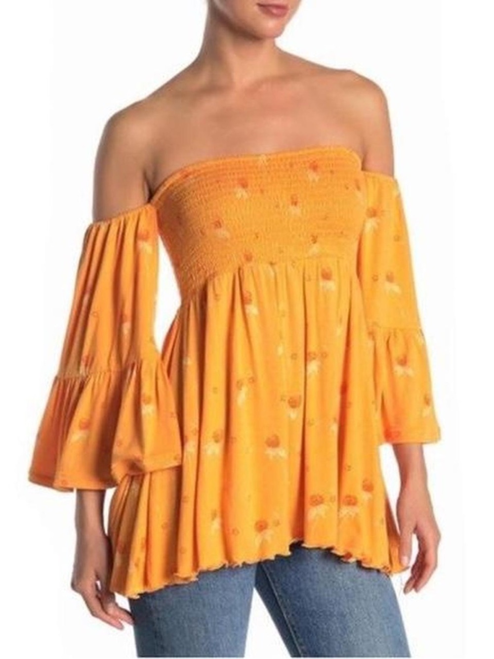 Free People Orange Lana Off-Shoulder Smocked Tunic Boho Sz XS (T6)